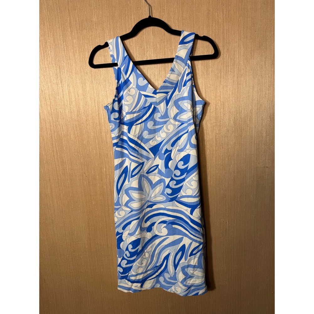 J McLaughlin Blue White Abstract Print Sleeveless V‎ Neck Sheath Dress Size S